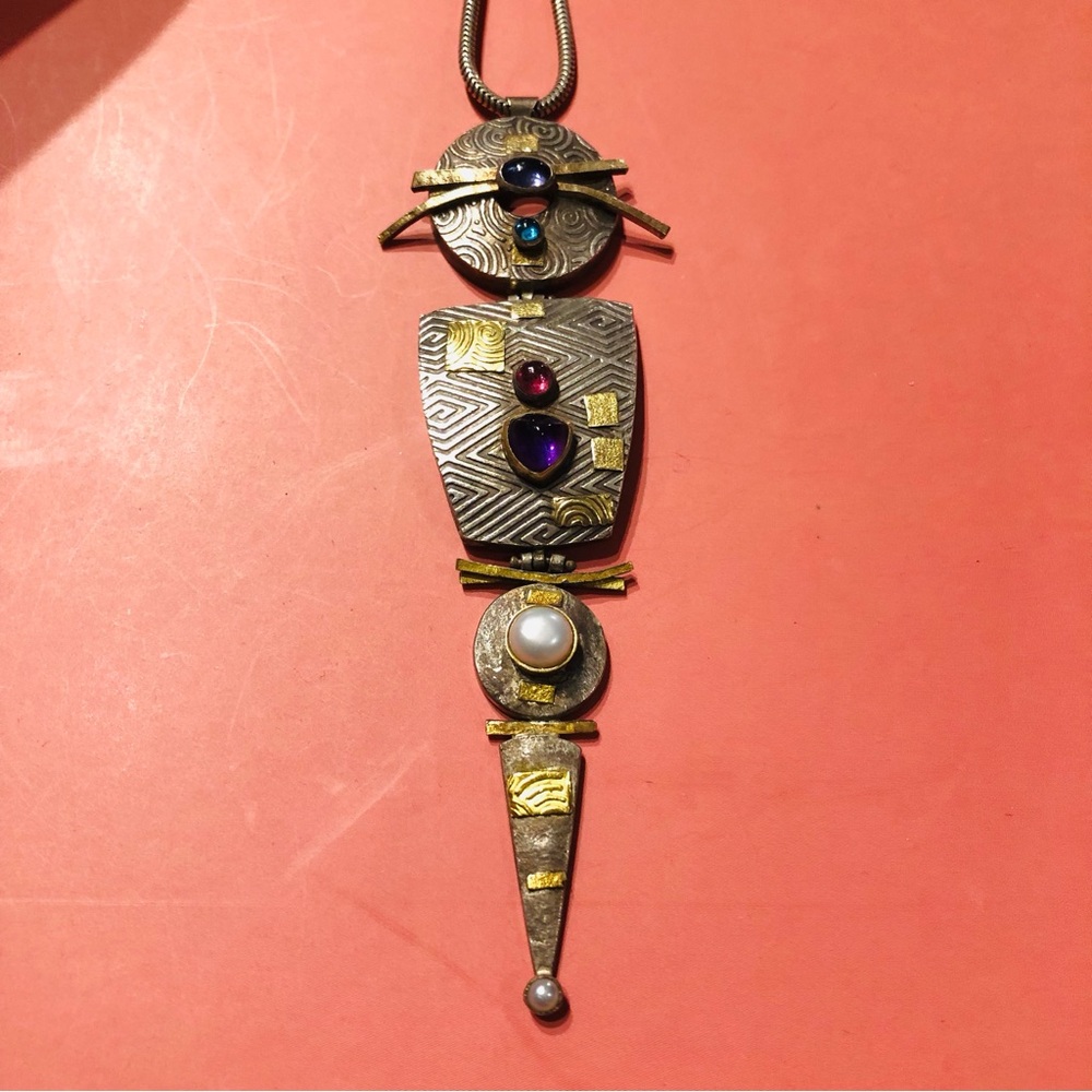 Sterling and 18k Gold Geometric Cat Pendant Necklace by Anne Besse Shepherd